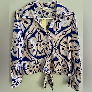 Christian Siriano Front Tie Button Down Printed Top